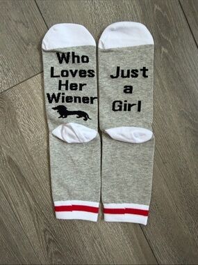 Gray Novelty Knee Socks with Dachshund Graphic - Who Loves Her Wiener